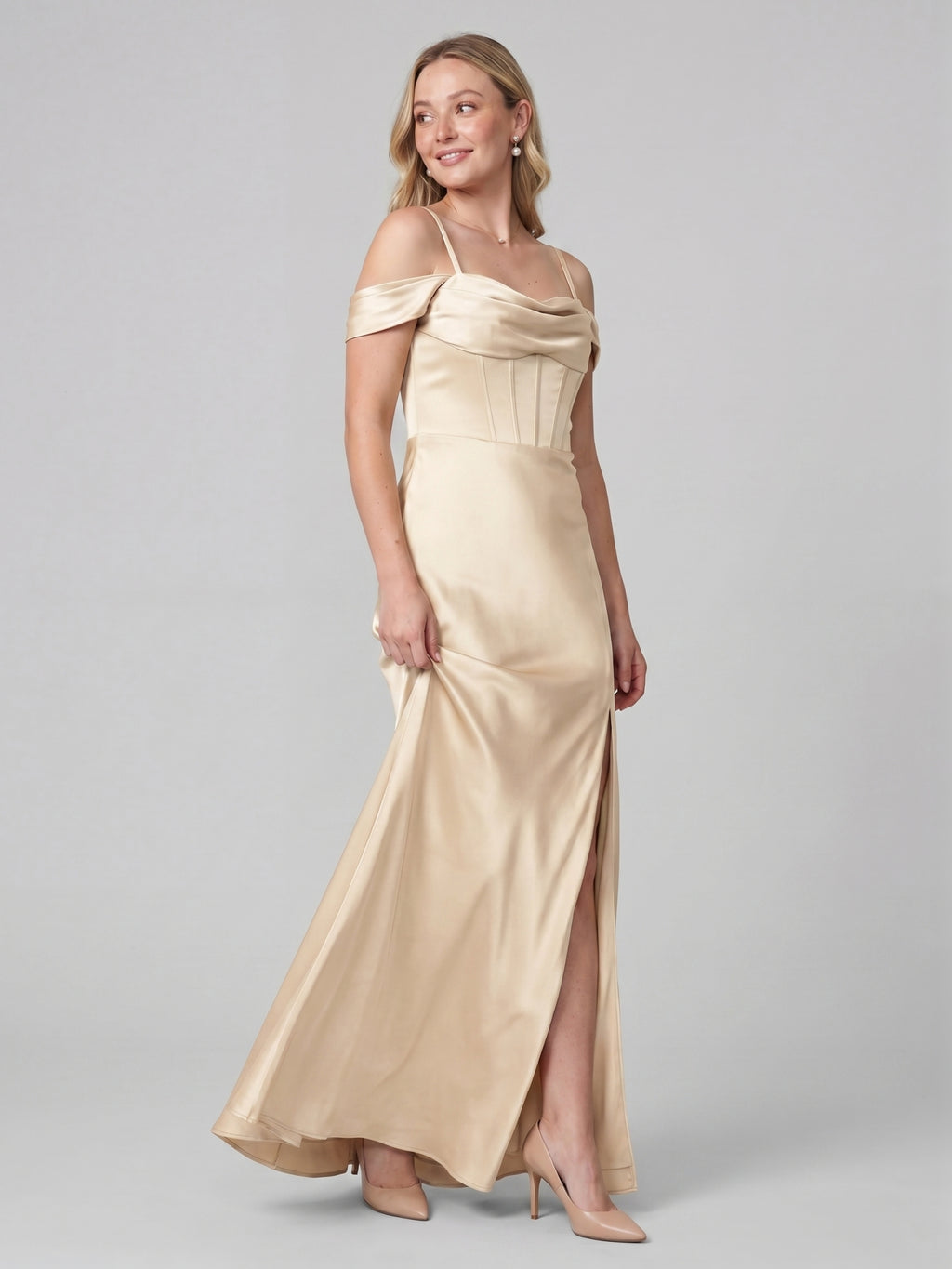 Coquette Champagne Satin Sheath Off-the-Shoulder Backless Ankle-Length Bridesmaid Dress