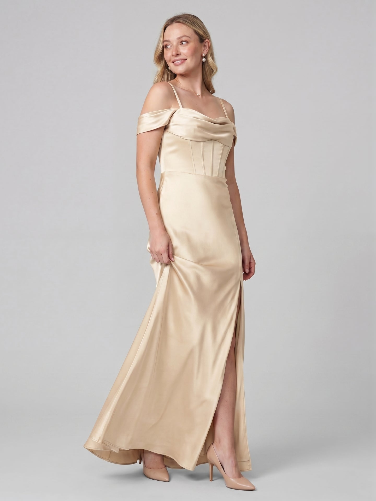Coquette Champagne Satin Sheath Off-the-Shoulder Backless Ankle-Length Bridesmaid Dress