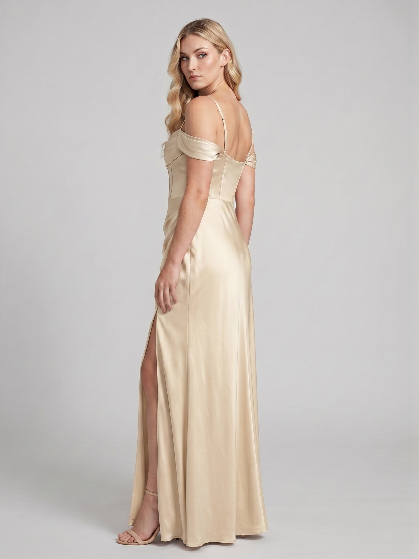 Coquette Champagne Satin Sheath Off-the-Shoulder Backless Ankle-Length Bridesmaid Dress