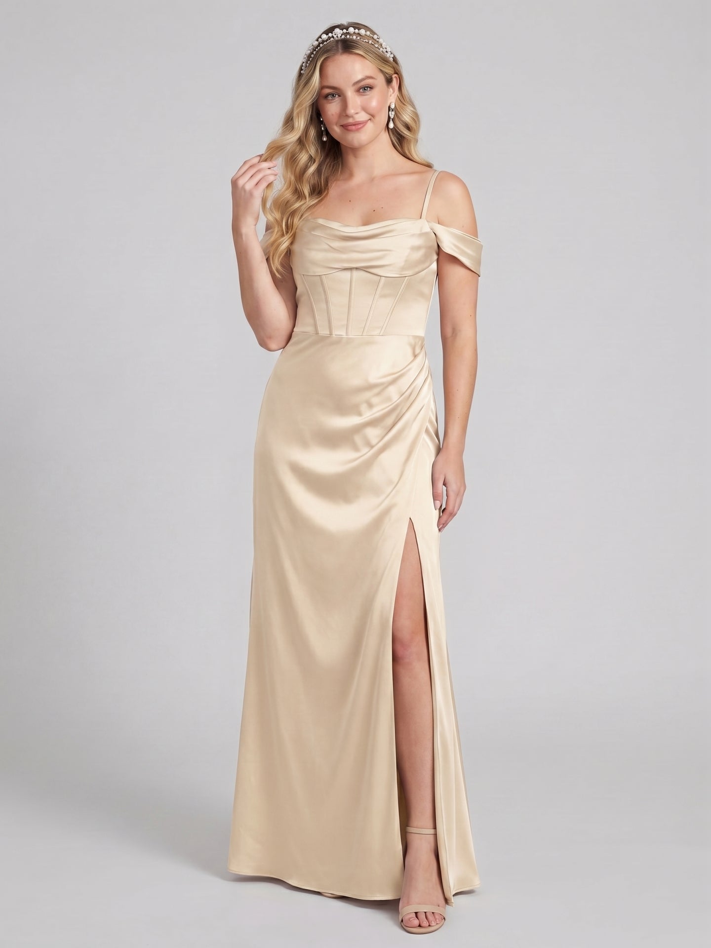 Coquette Champagne Satin Sheath Off-the-Shoulder Backless Ankle-Length Bridesmaid Dress