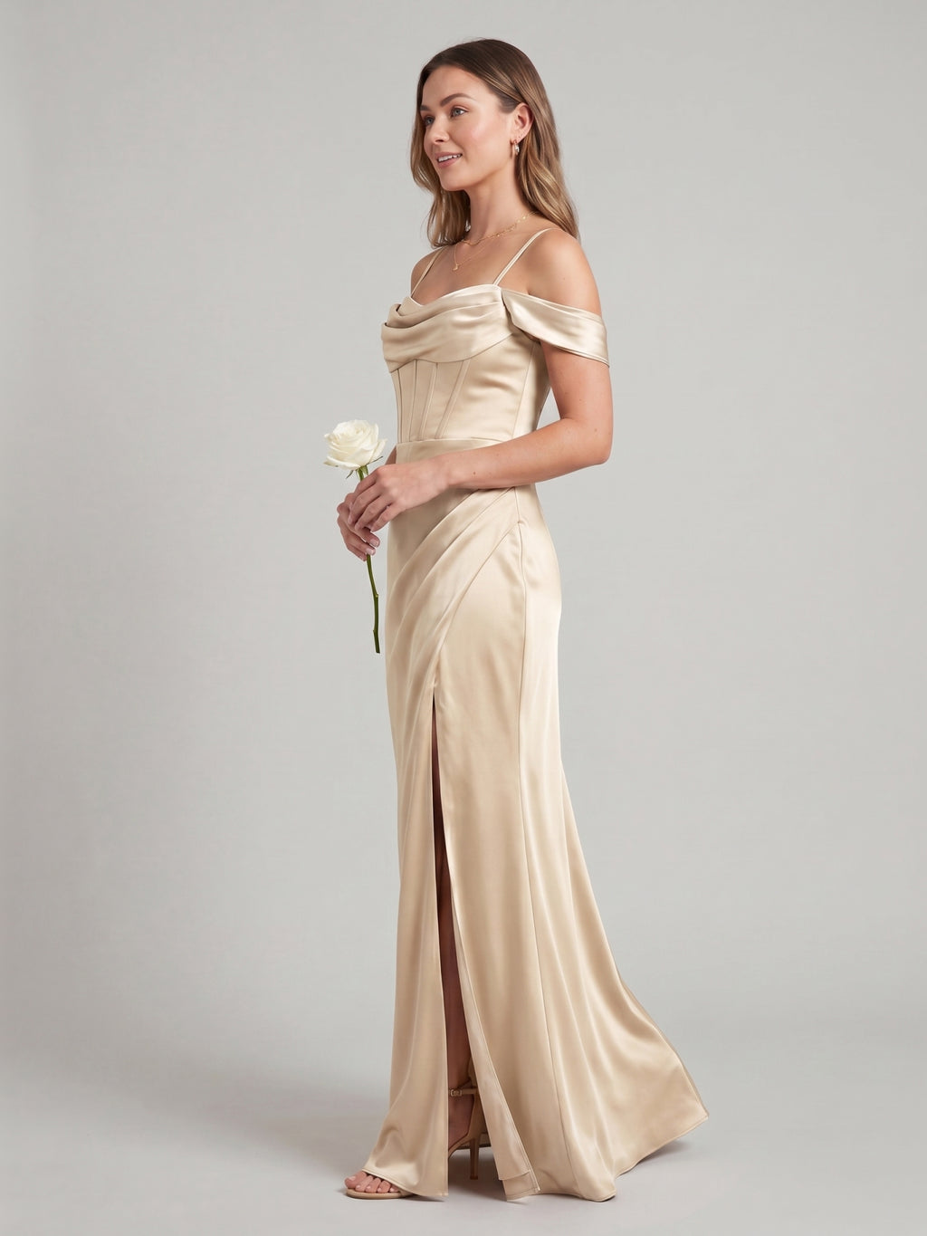 Coquette Champagne Satin Sheath Off-the-Shoulder Backless Ankle-Length Bridesmaid Dress