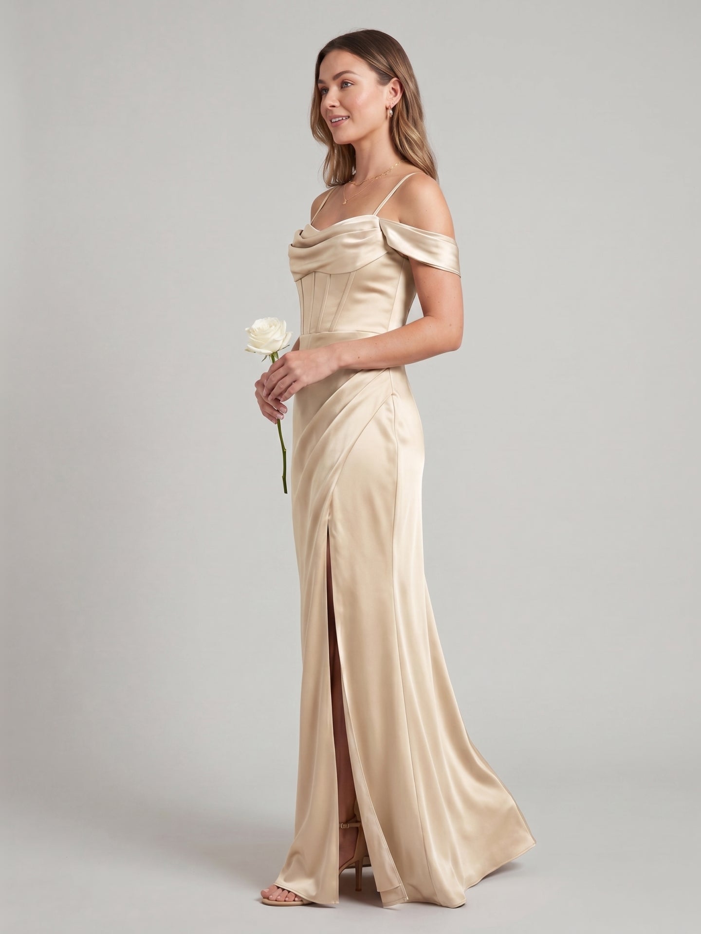 Coquette Champagne Satin Sheath Off-the-Shoulder Backless Ankle-Length Bridesmaid Dress