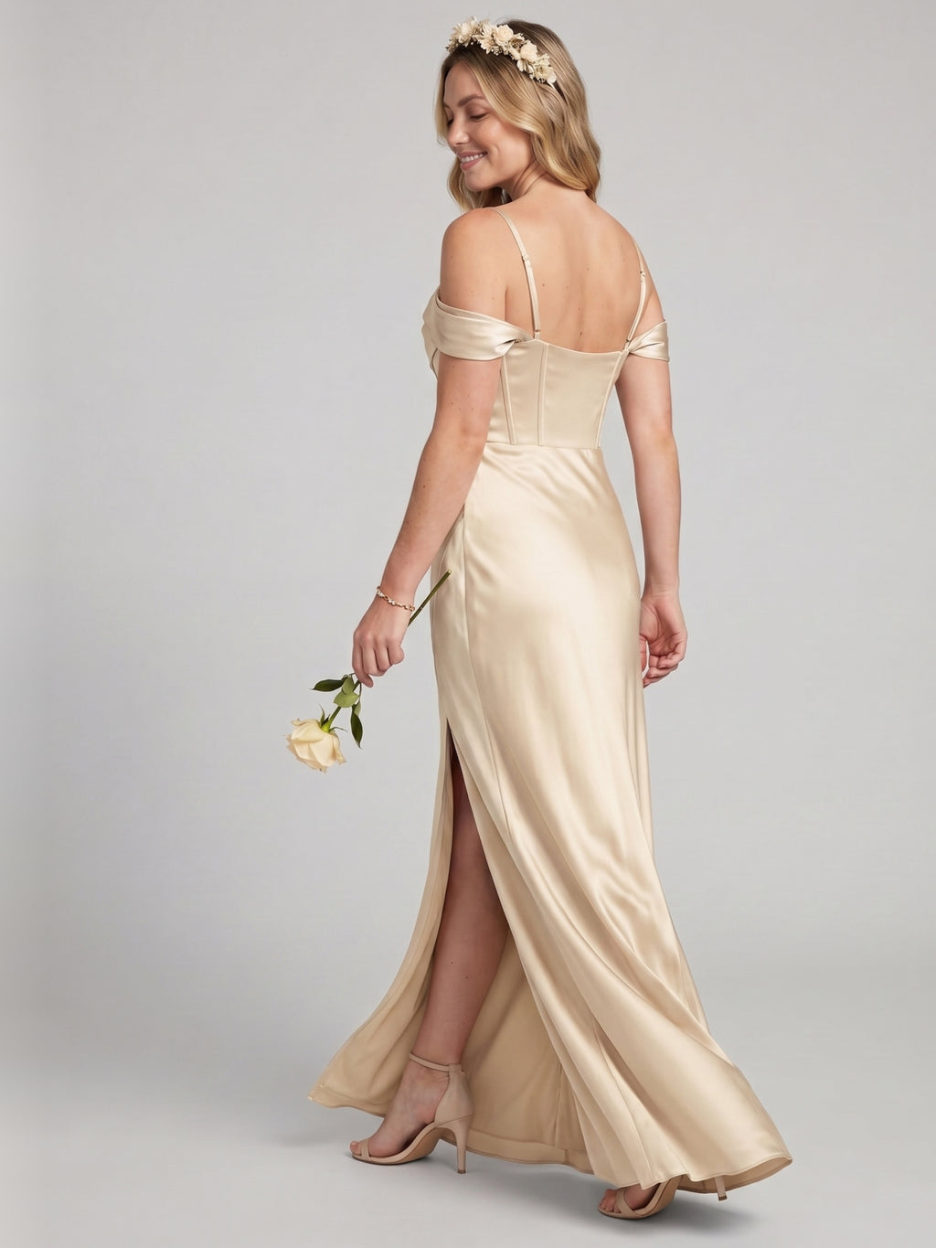 Coquette Champagne Satin Sheath Off-the-Shoulder Backless Ankle-Length Bridesmaid Dress