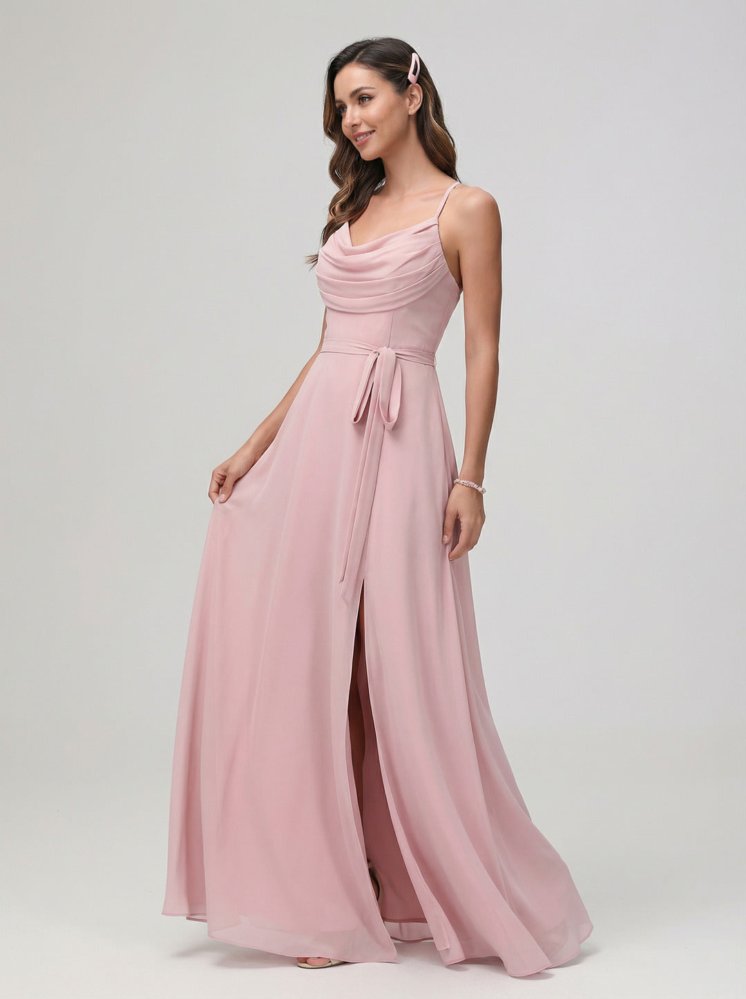 Coquette Dusty Rose Chiffon A-Line Cowl Neck Ankle-Length Bridesmaid Dress with Minimalist Design
