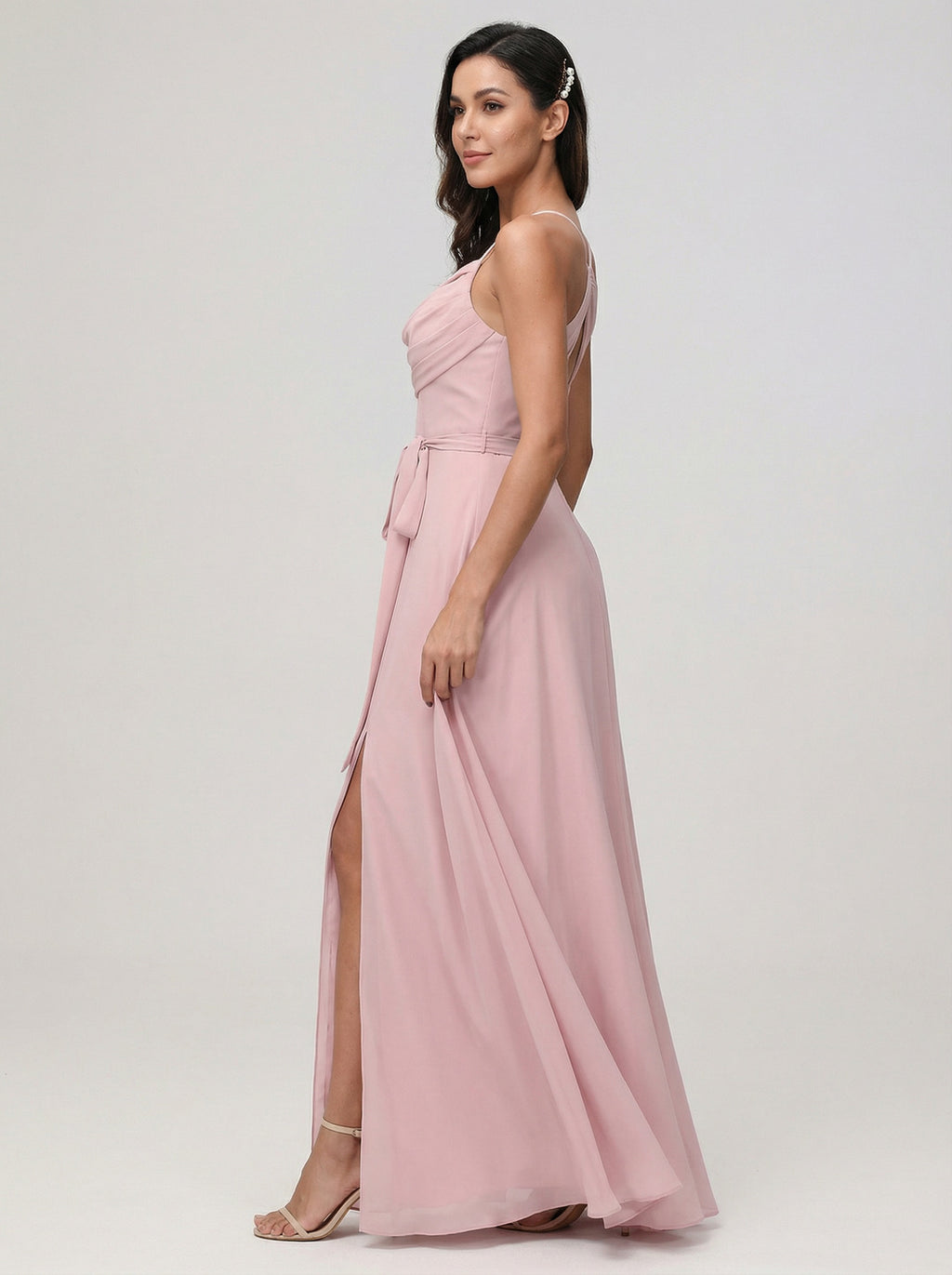 Coquette Dusty Rose Chiffon A-Line Cowl Neck Ankle-Length Bridesmaid Dress with Minimalist Design