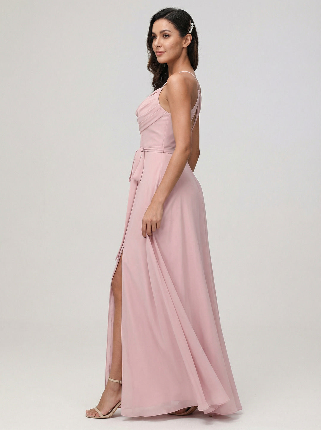 Coquette Dusty Rose Chiffon A-Line Cowl Neck Ankle-Length Bridesmaid Dress with Minimalist Design