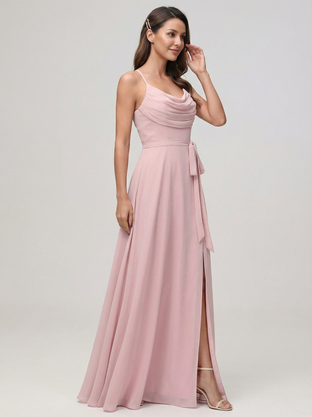 Coquette Dusty Rose Chiffon A-Line Cowl Neck Ankle-Length Bridesmaid Dress with Minimalist Design