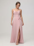 Coquette Dusty Rose Chiffon A-Line Cowl Neck Ankle-Length Bridesmaid Dress with Minimalist Design