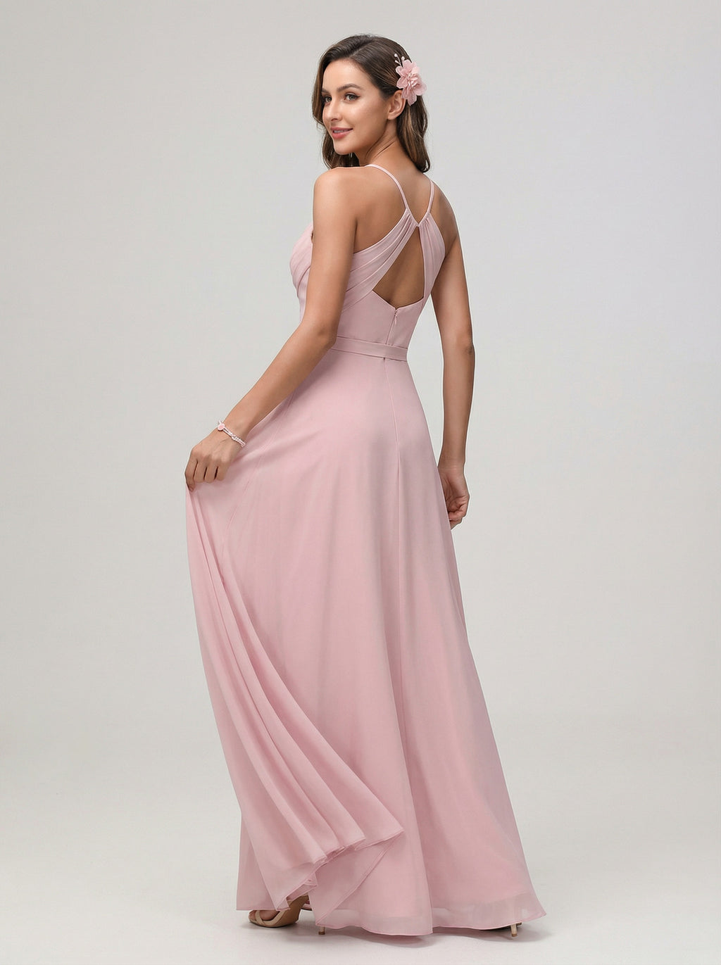 Coquette Dusty Rose Chiffon A-Line Cowl Neck Ankle-Length Bridesmaid Dress with Minimalist Design
