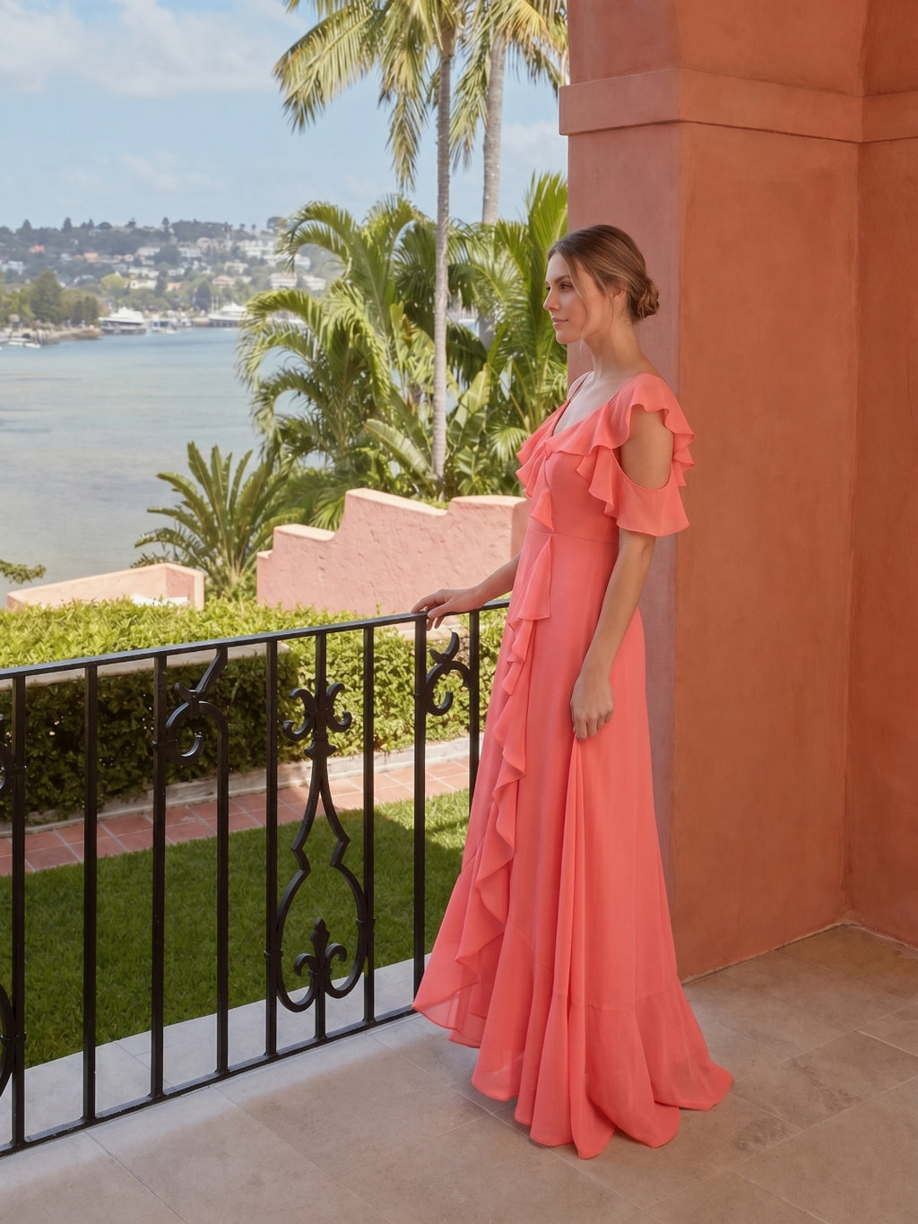 Coquette Coral Chiffon A-Line V-Neck Asymmetrical Bridesmaid Dress with Minimalist Design