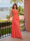 Coquette Coral Chiffon A-Line V-Neck V-Back with Beaded Details Ankle-Length Bridesmaid Dress