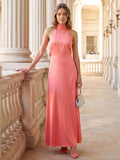 Coquette Coral Satin A-Line Halter neckline Bow Ankle-Length Bridesmaid Dress