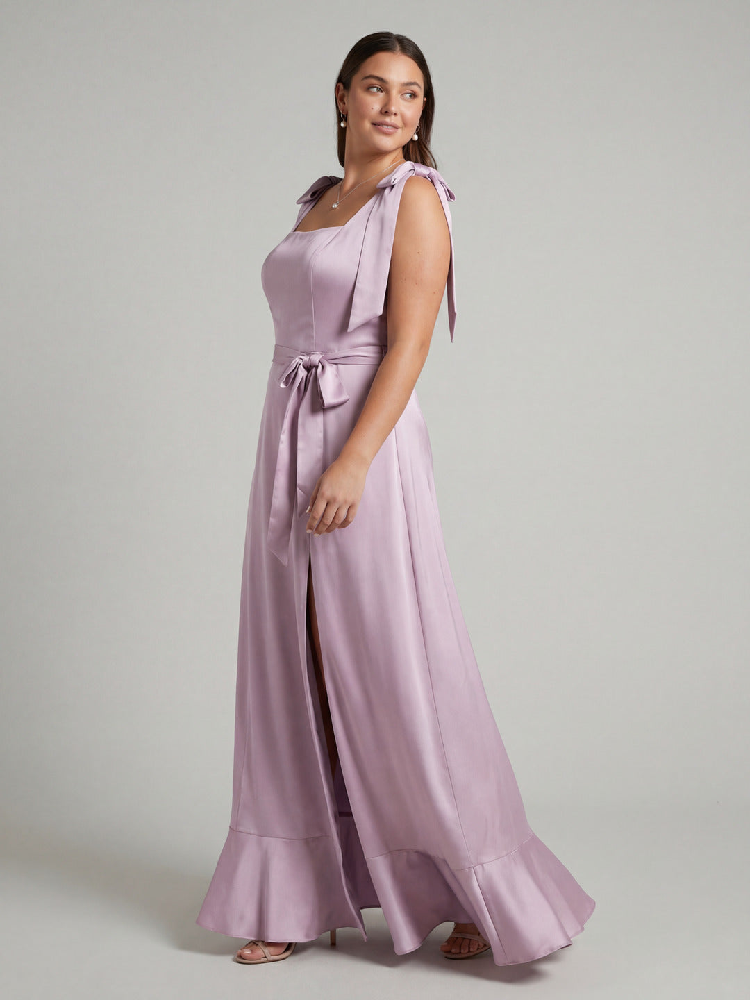 Lilac Satin A-Line Square Neck V-Back Ankle-Length Plus Size Bridesmaid Dress with Bow