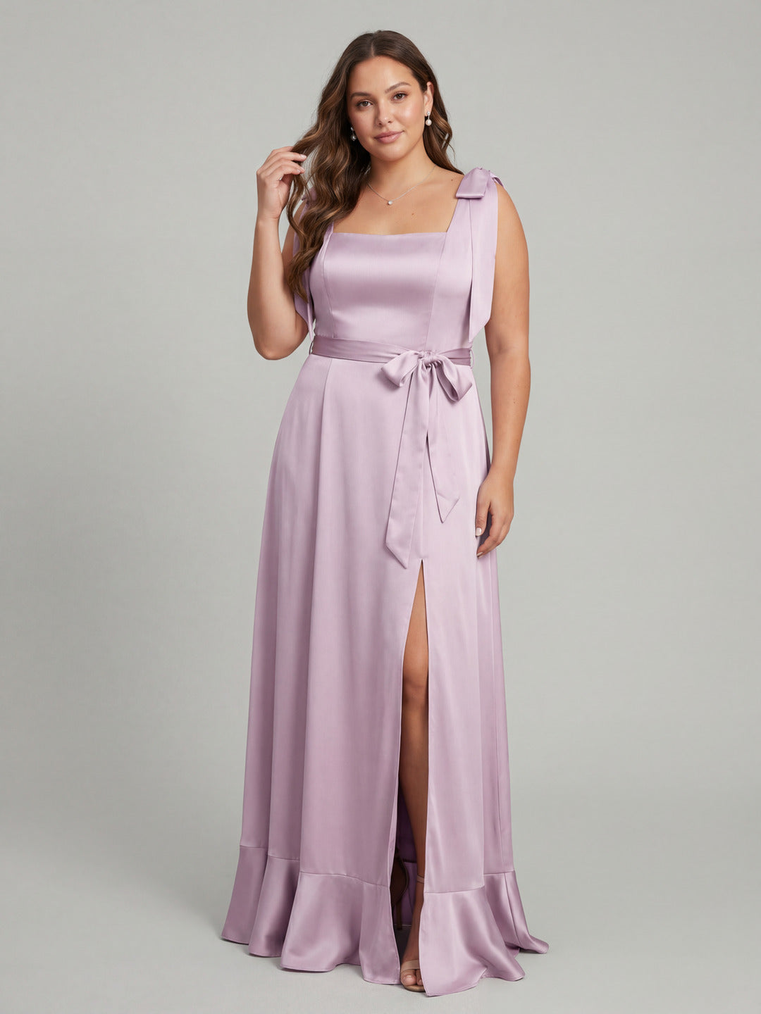 Lilac Satin A-Line Square Neck V-Back Ankle-Length Plus Size Bridesmaid Dress with Bow