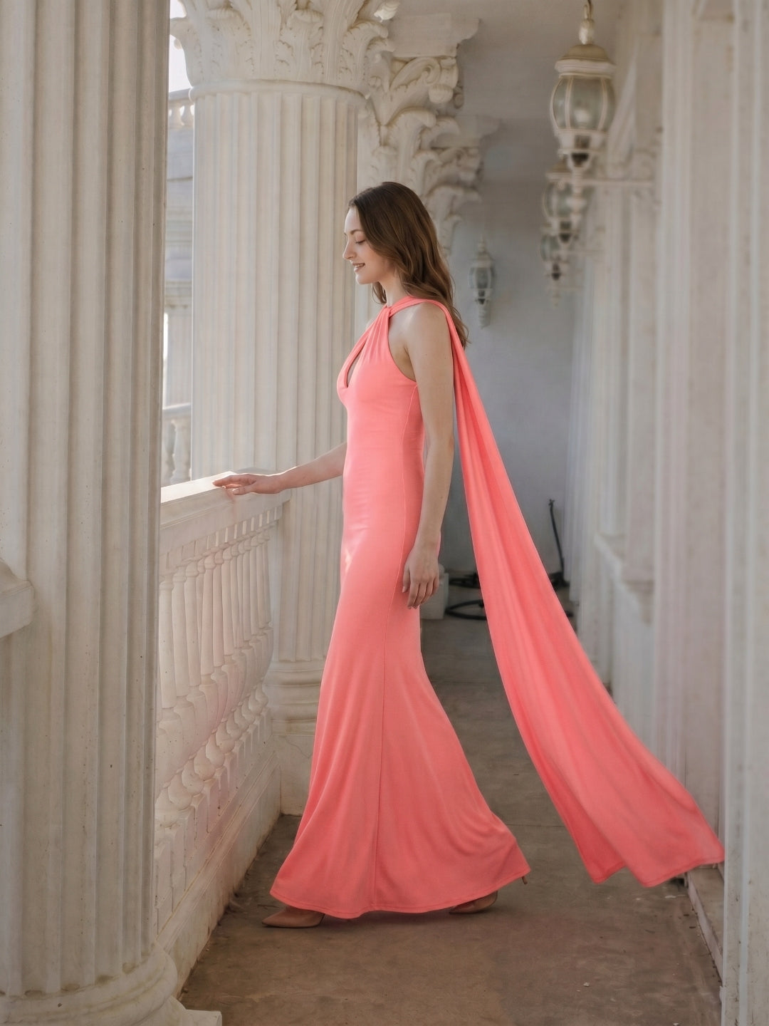 Coquette Coral Satin Mermaid Halter Neck Backless Ankle-Length Bridesmaid Dress