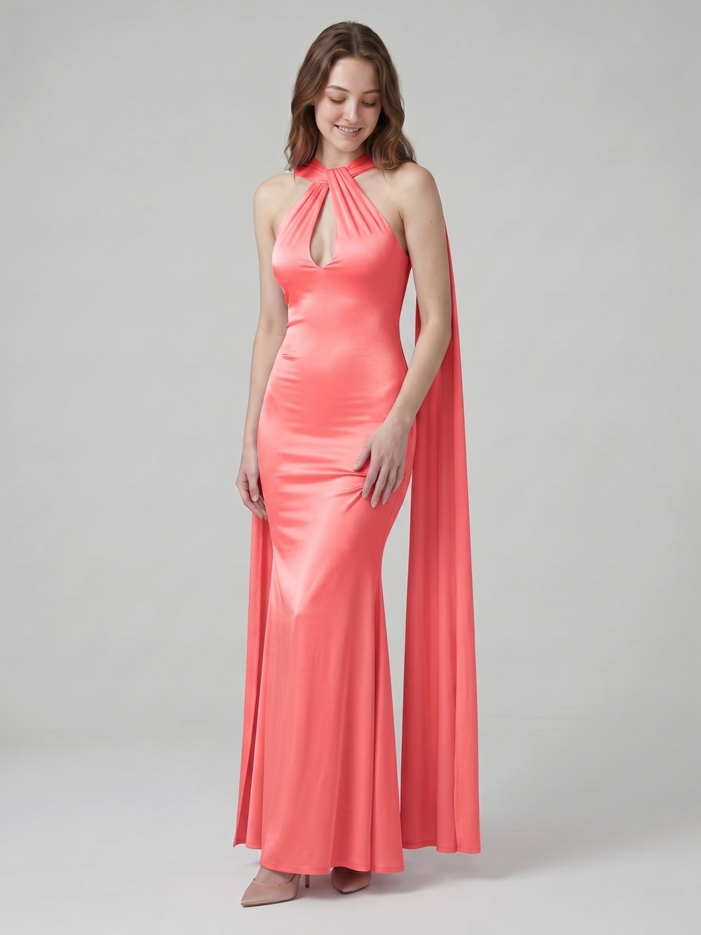 Coquette Coral Satin Mermaid Halter Neck Backless Ankle-Length Bridesmaid Dress