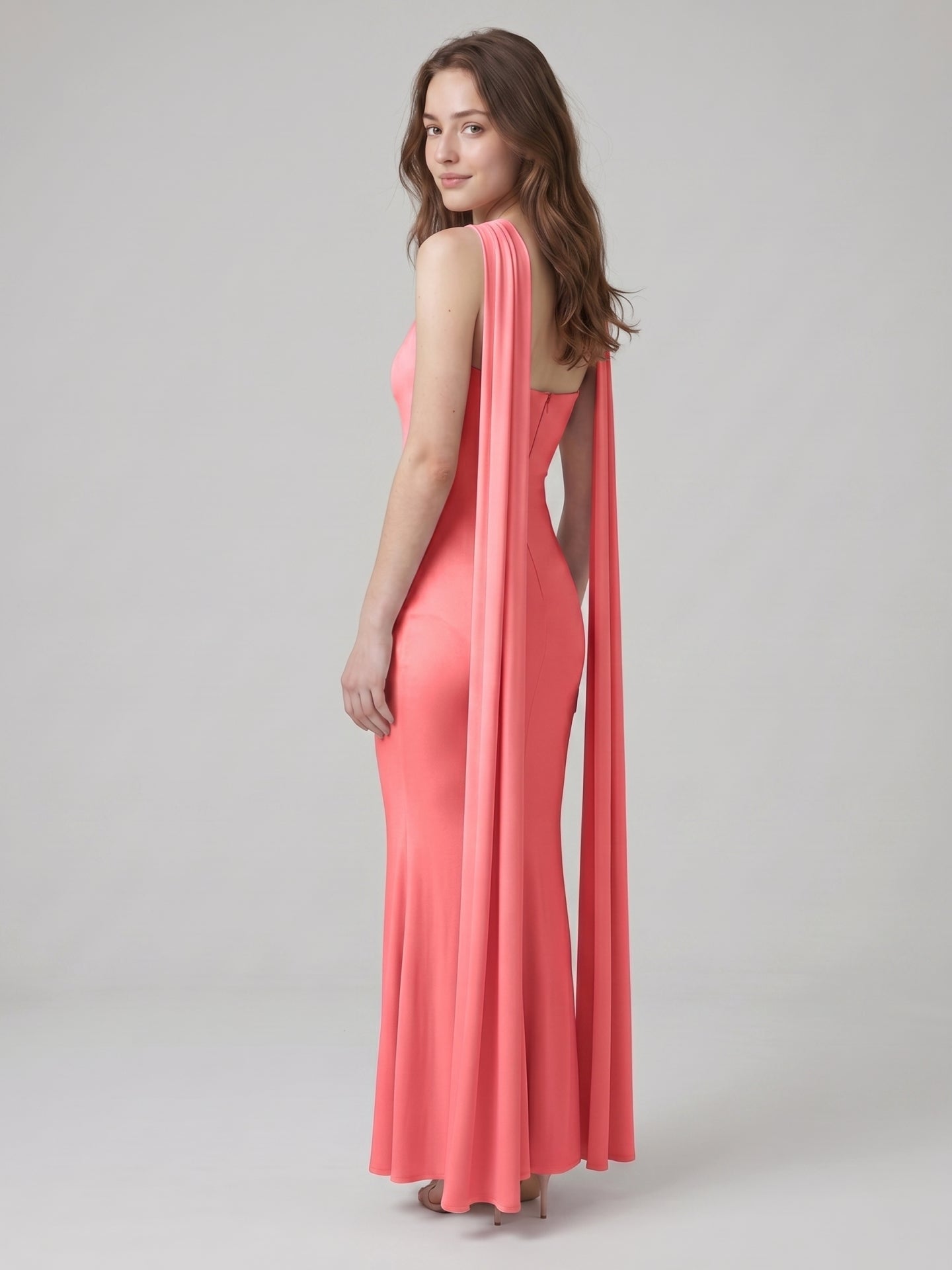 Coquette Coral Satin Mermaid Halter Neck Backless Ankle-Length Bridesmaid Dress