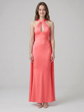 Coquette Coral Satin Mermaid Halter Neck Backless Ankle-Length Bridesmaid Dress