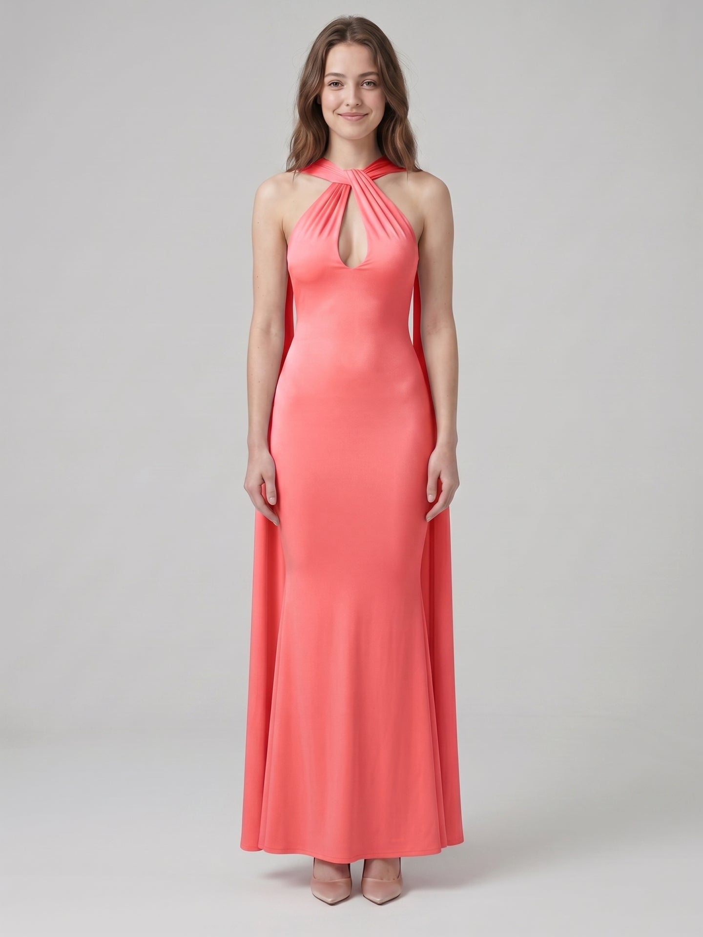 Coquette Coral Satin Mermaid Halter Neck Backless Ankle-Length Bridesmaid Dress