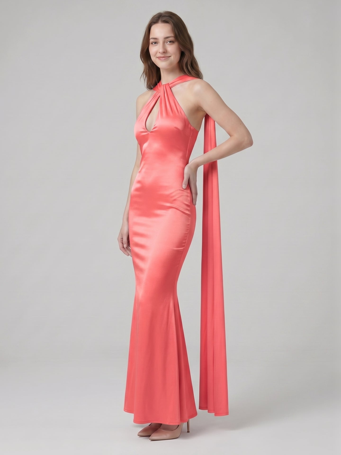 Coquette Coral Satin Mermaid Halter Neck Backless Ankle-Length Bridesmaid Dress
