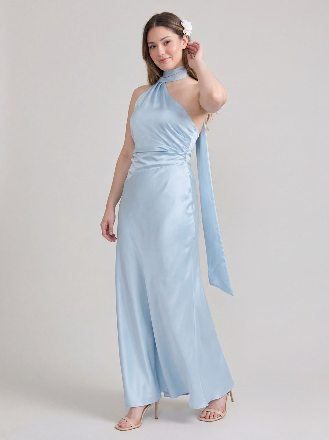 Elegant Sky Blue Satin Sheath One Shoulder Backless Ankle-Length Bridesmaid Dress