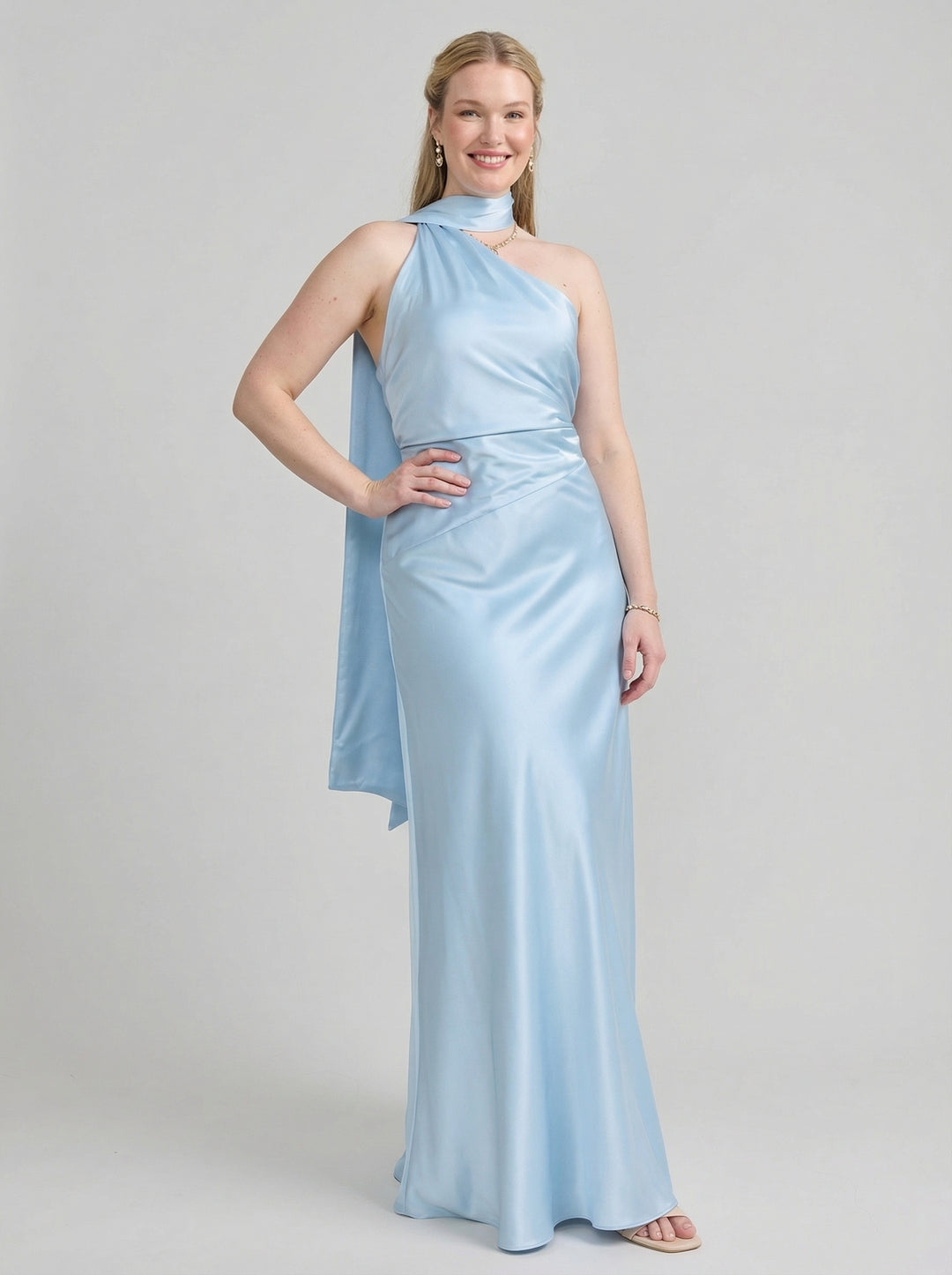 Elegant Sky Blue Satin Sheath One Shoulder Backless Ankle-Length Bridesmaid Dress