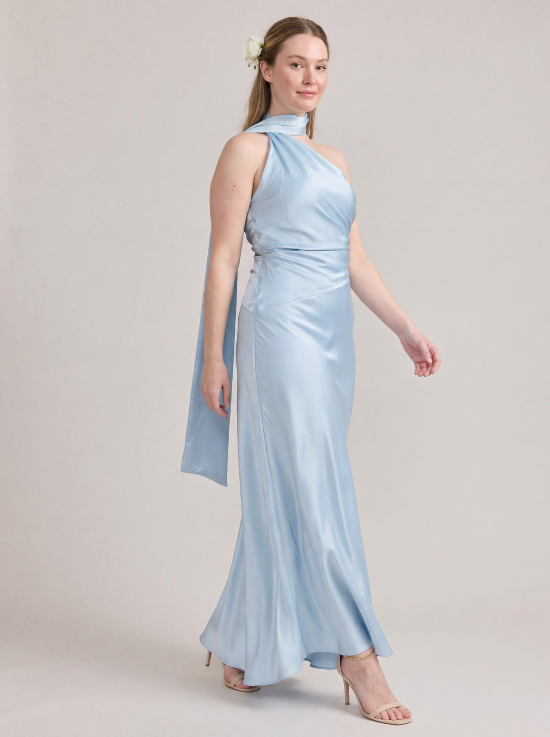 Elegant Sky Blue Satin Sheath One Shoulder Backless Ankle-Length Bridesmaid Dress