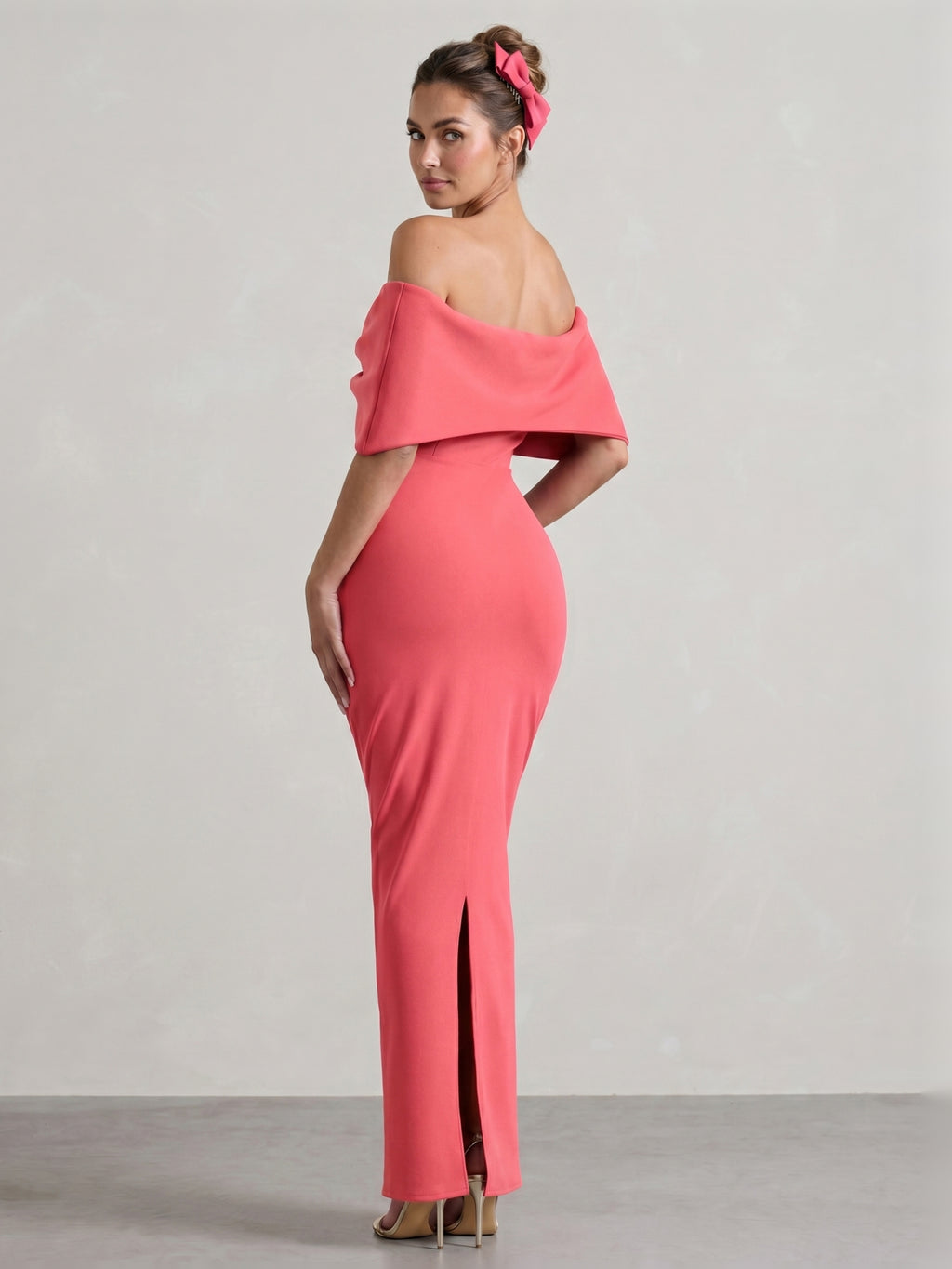 Coquette Coral Stretch Knit Trumpet Off-the-Shoulder Backless with Bow Ankle-Length Bridesmaid Dress
