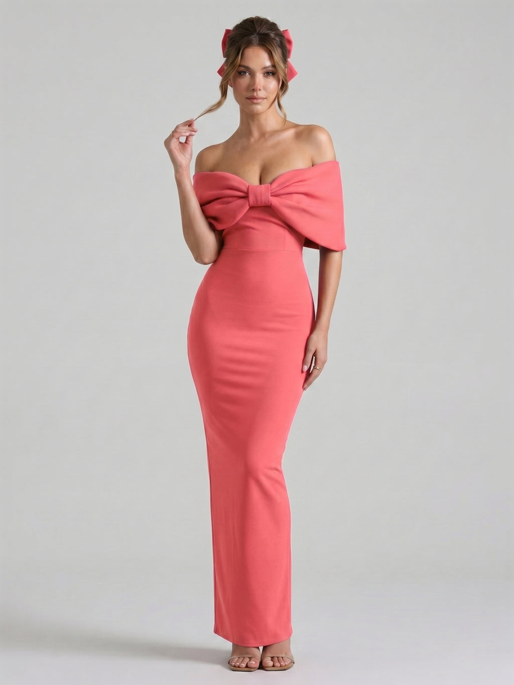 Coquette Coral Stretch Knit Trumpet Off-the-Shoulder Backless with Bow Ankle-Length Bridesmaid Dress