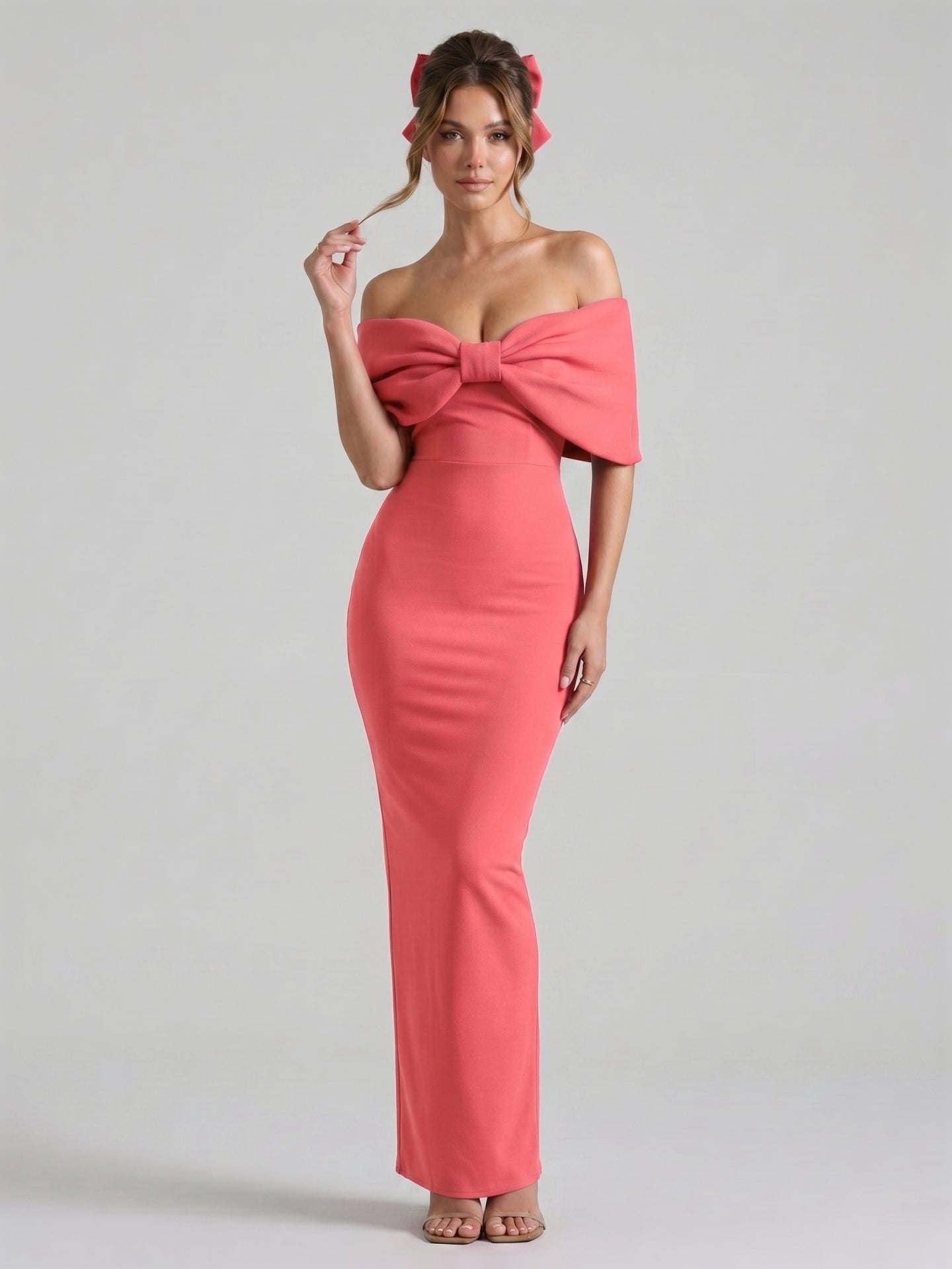 Coquette Coral Stretch Knit Trumpet Off-the-Shoulder Backless with Bow Ankle-Length Bridesmaid Dress