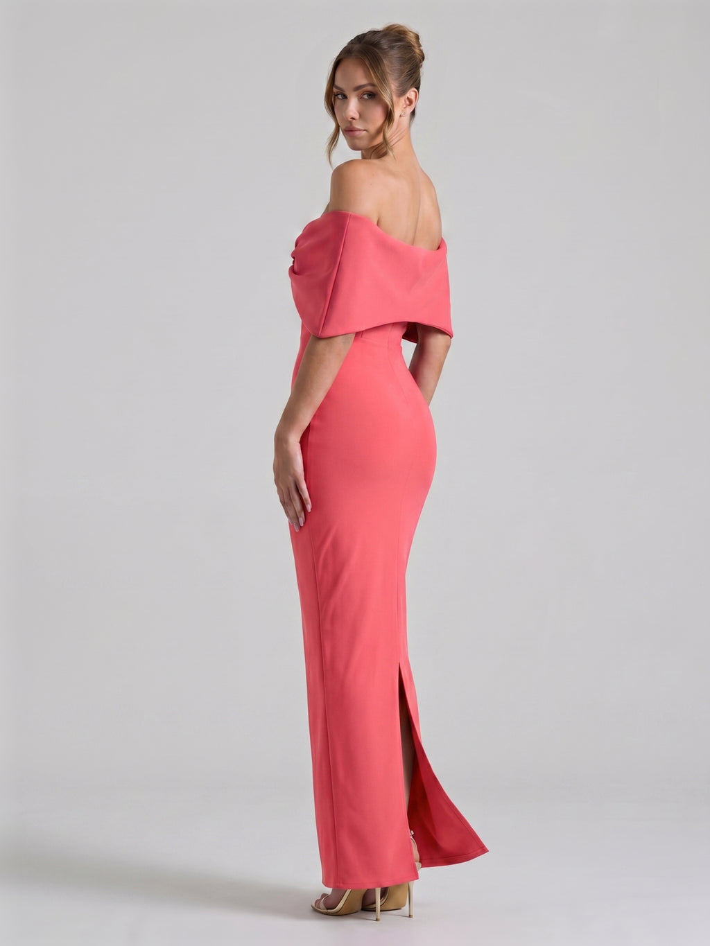 Coquette Coral Stretch Knit Trumpet Off-the-Shoulder Backless with Bow Ankle-Length Bridesmaid Dress