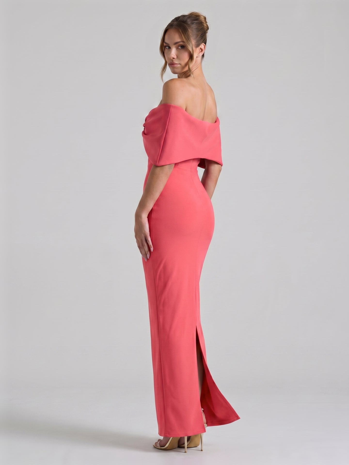 Coquette Coral Stretch Knit Trumpet Off-the-Shoulder Backless with Bow Ankle-Length Bridesmaid Dress