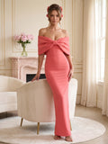 Coquette Coral Stretch Knit Trumpet Off-the-Shoulder Backless with Bow Ankle-Length Bridesmaid Dress