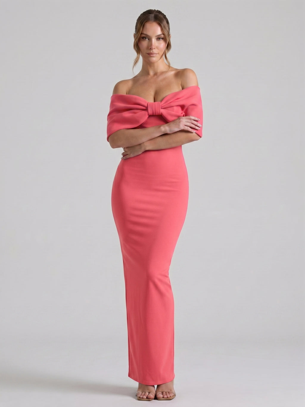 Coquette Coral Stretch Knit Trumpet Off-the-Shoulder Backless with Bow Ankle-Length Bridesmaid Dress
