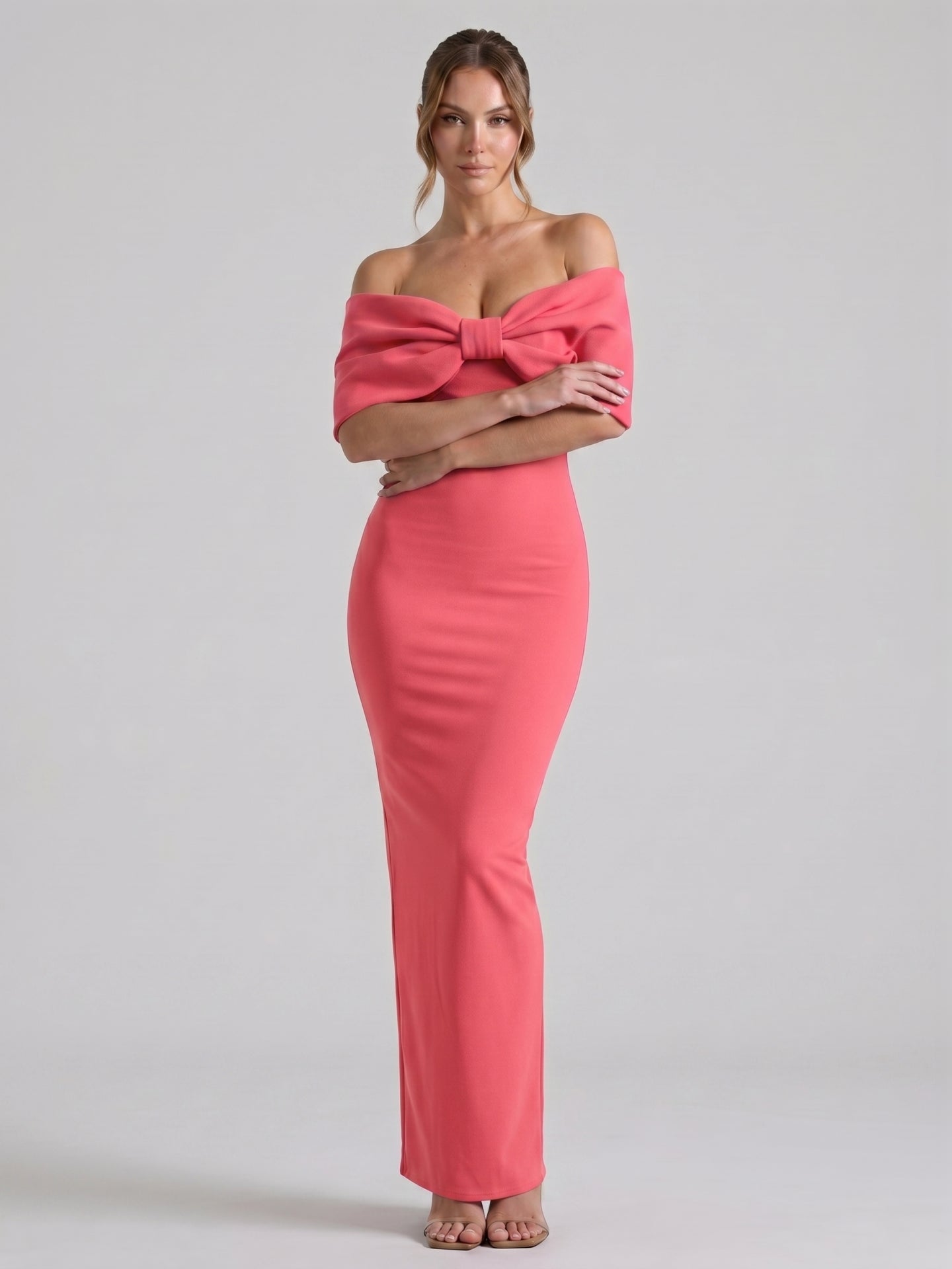 Coquette Coral Stretch Knit Trumpet Off-the-Shoulder Backless with Bow Ankle-Length Bridesmaid Dress
