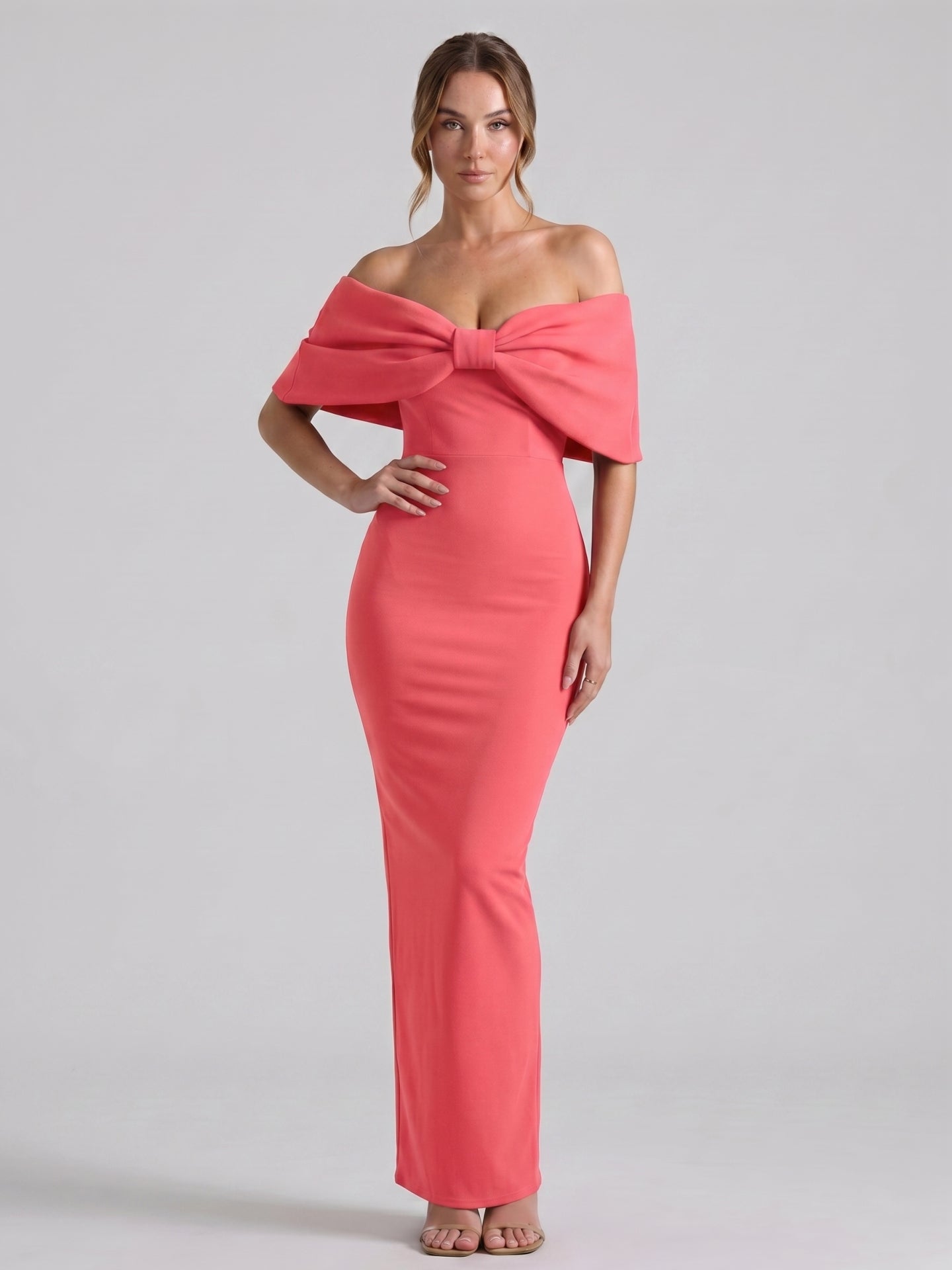 Coquette Coral Stretch Knit Trumpet Off-the-Shoulder Backless with Bow Ankle-Length Bridesmaid Dress