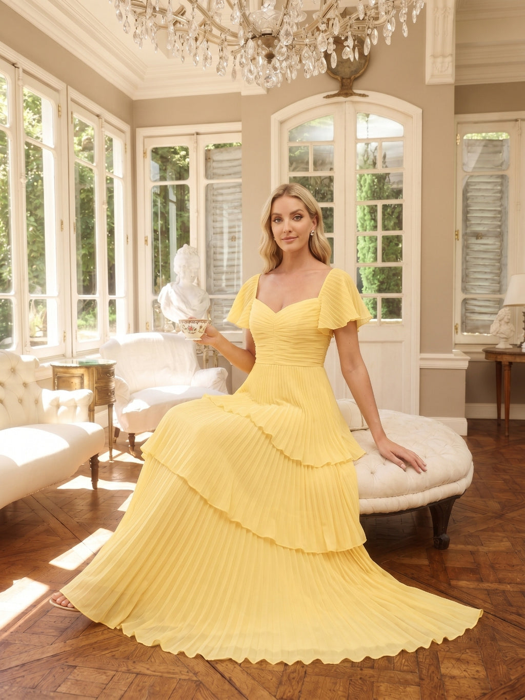 Coquette Daffodil Chiffon A-Line Sweetheart Ankle-Length Bridesmaid Dress with Cascading Ruffles