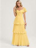 Coquette Daffodil Chiffon A-Line Sweetheart Ankle-Length Bridesmaid Dress with Cascading Ruffles