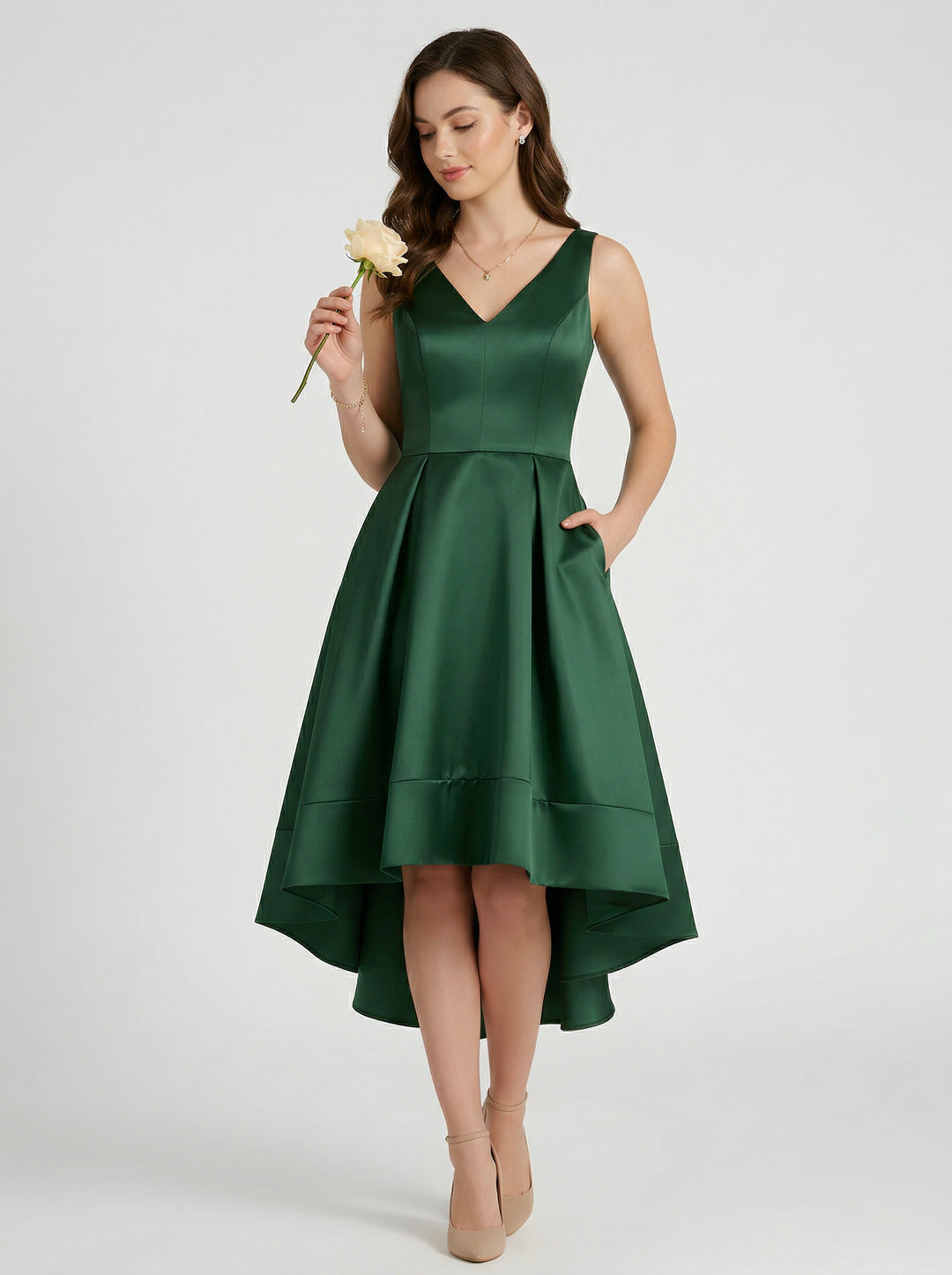 Coquette Hunter Green Satin A-Line V-Neck V-Back Asymmetrical Bridesmaid Dress