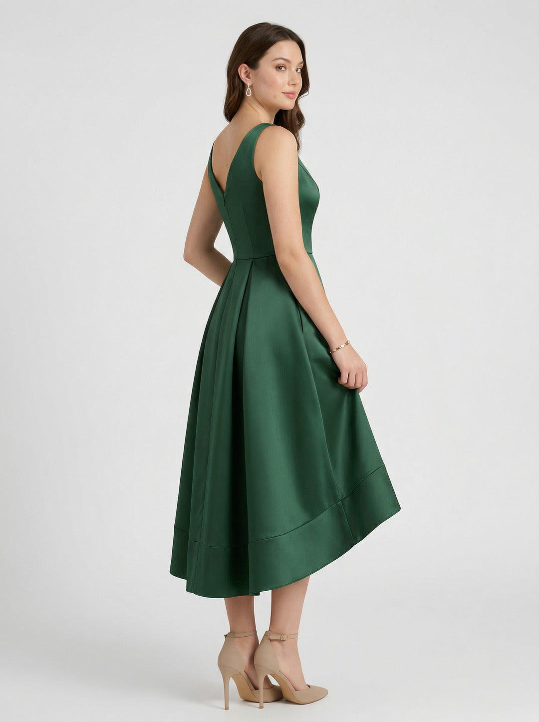 Coquette Hunter Green Satin A-Line V-Neck V-Back Asymmetrical Bridesmaid Dress