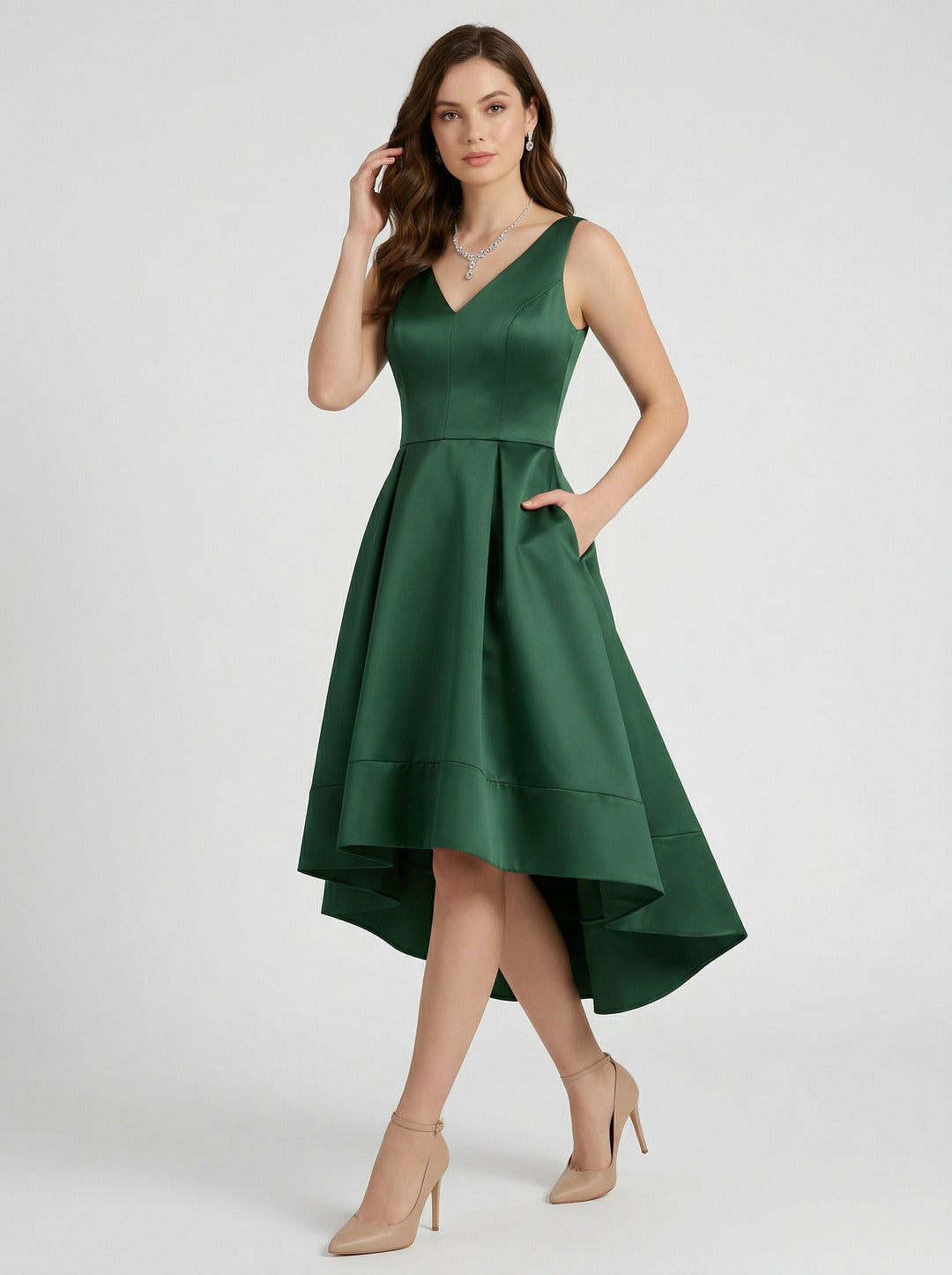 Coquette Hunter Green Satin A-Line V-Neck V-Back Asymmetrical Bridesmaid Dress