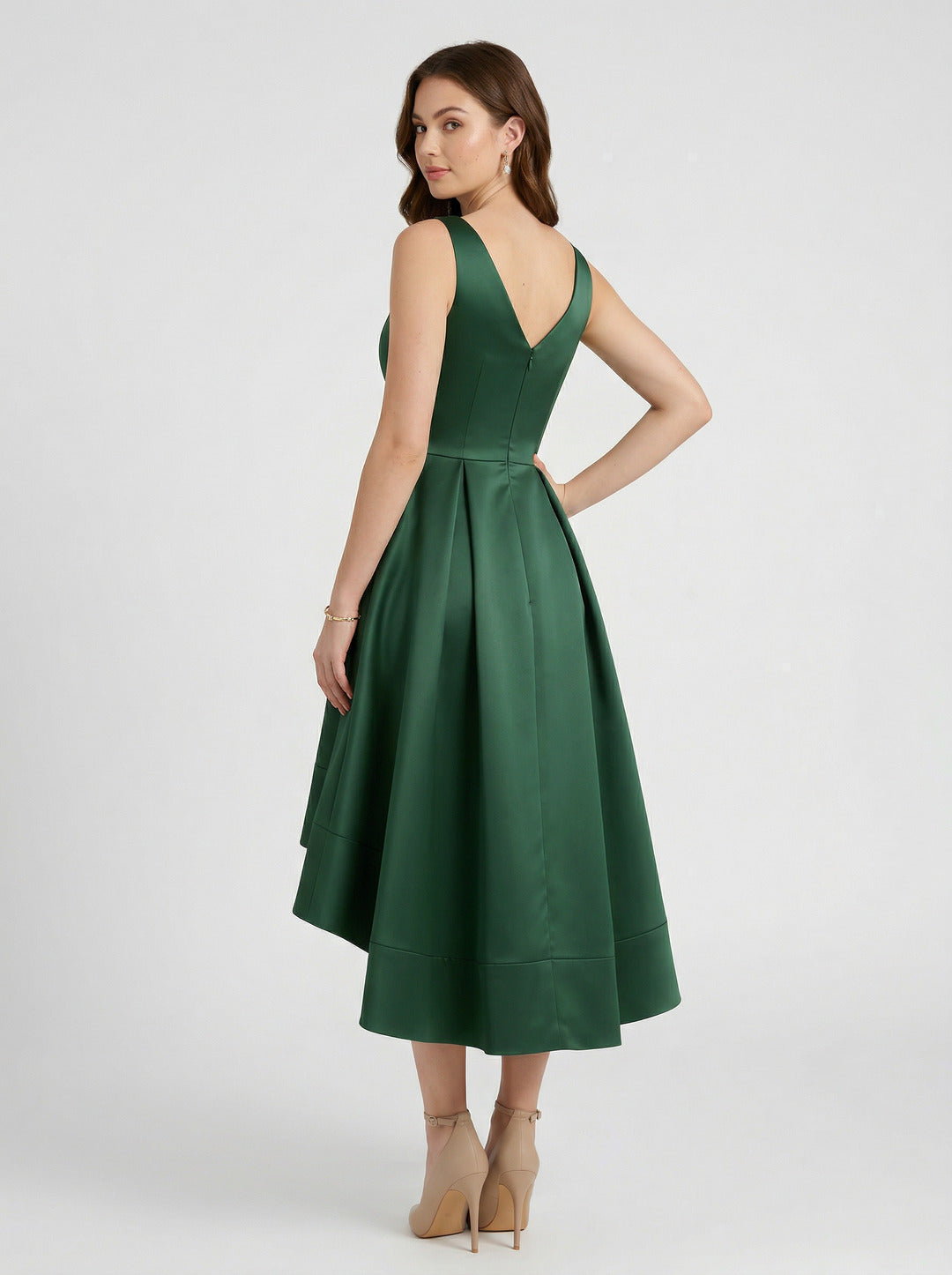 Coquette Hunter Green Satin A-Line V-Neck V-Back Asymmetrical Bridesmaid Dress