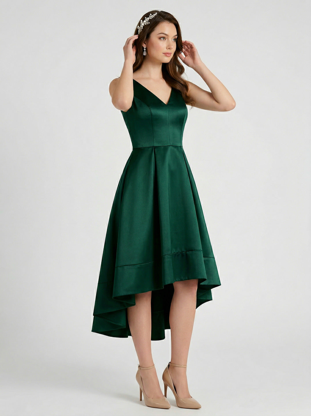 Coquette Hunter Green Satin A-Line V-Neck V-Back Asymmetrical Bridesmaid Dress