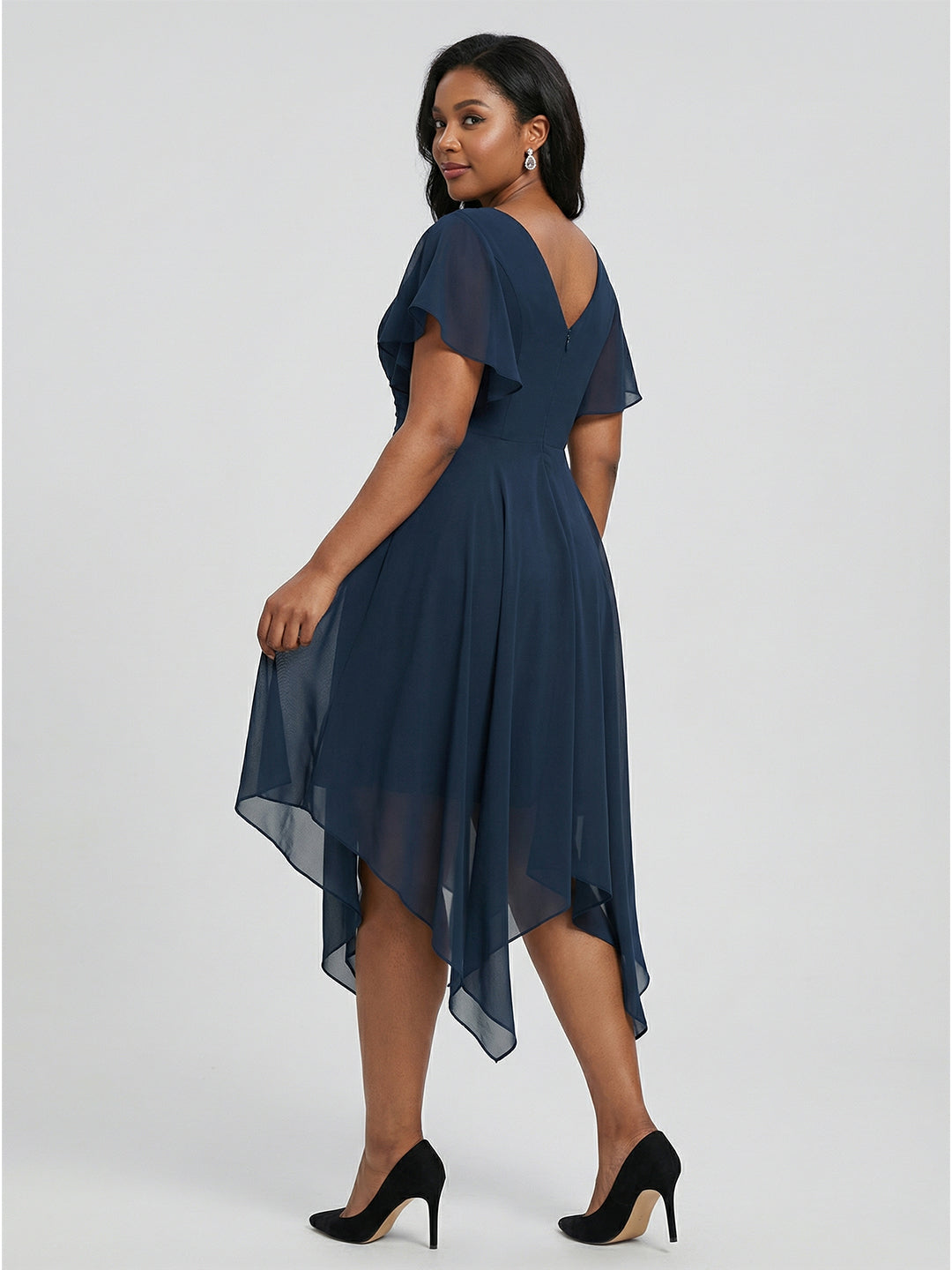 Coquette Deep Sea Chiffon A-Line V-Neck V-Back with nan Asymmetrical Bridesmaid Dress
