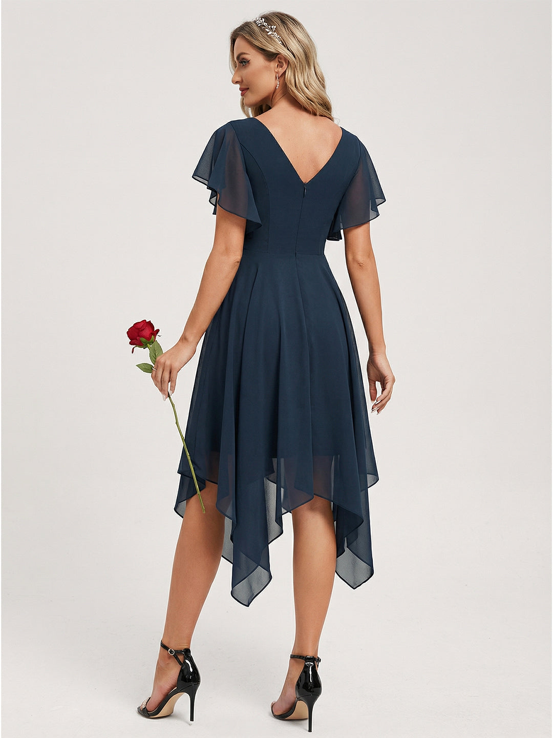 Coquette Deep Sea Chiffon A-Line V-Neck V-Back with nan Asymmetrical Bridesmaid Dress
