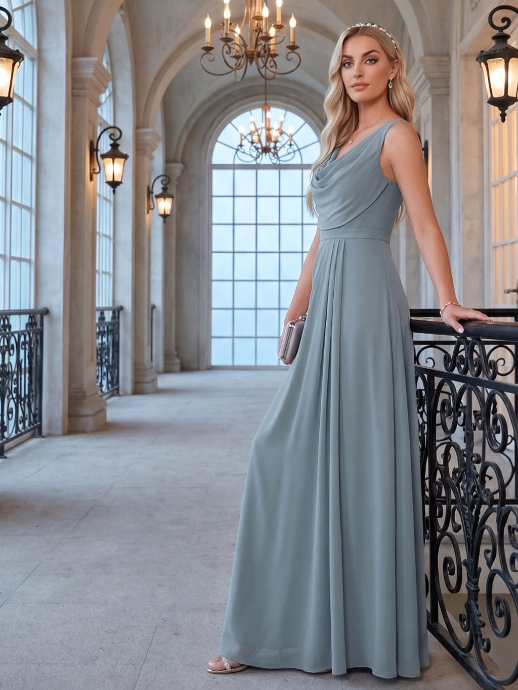 Coquette Dusty Blue Chiffon A-Line Cowl Neck Back Zip with Pleated Ankle-Length Bridesmaid Dress