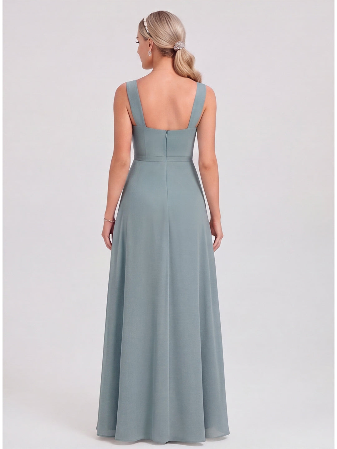 Coquette Dusty Blue Chiffon A-Line Cowl Neck Back Zip with Pleated Ankle-Length Bridesmaid Dress