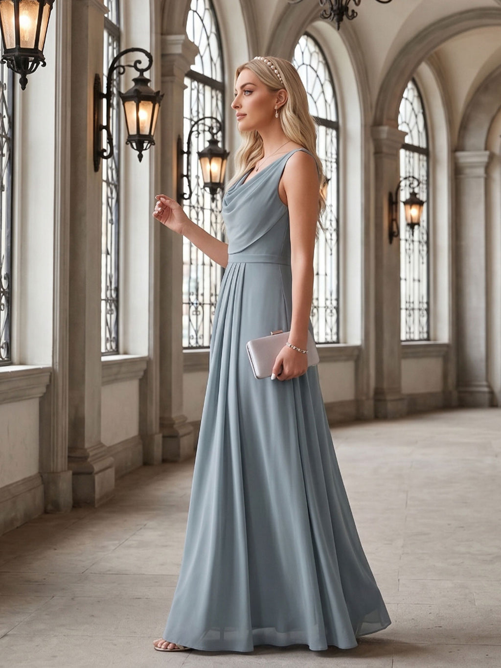 Coquette Dusty Blue Chiffon A-Line Cowl Neck Back Zip with Pleated Ankle-Length Bridesmaid Dress