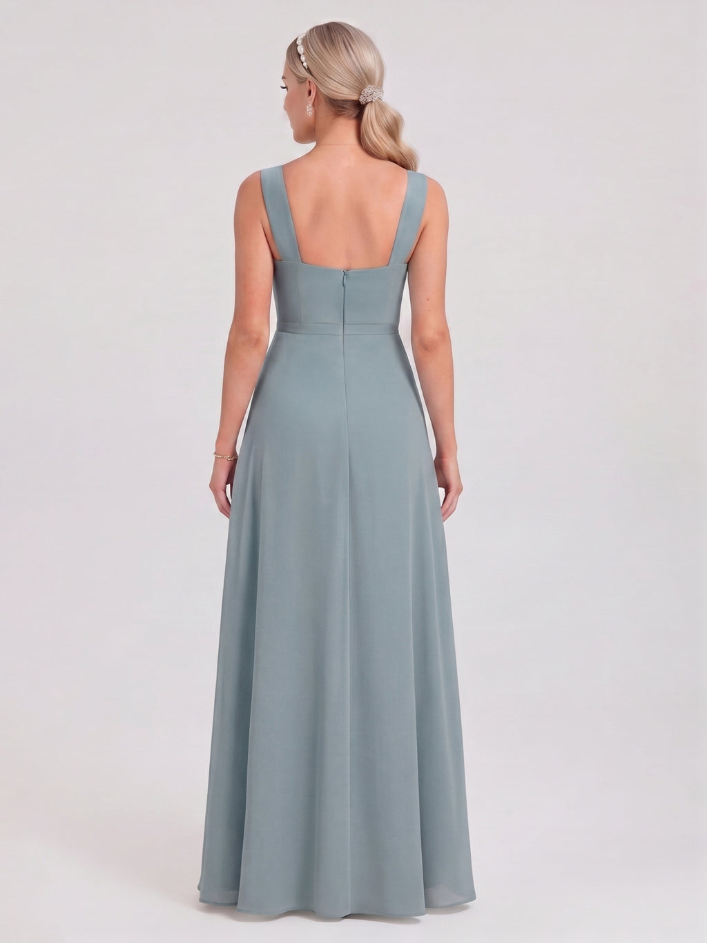 Coquette Dusty Blue Chiffon A-Line Cowl Neck Back Zip with Pleated Ankle-Length Bridesmaid Dress