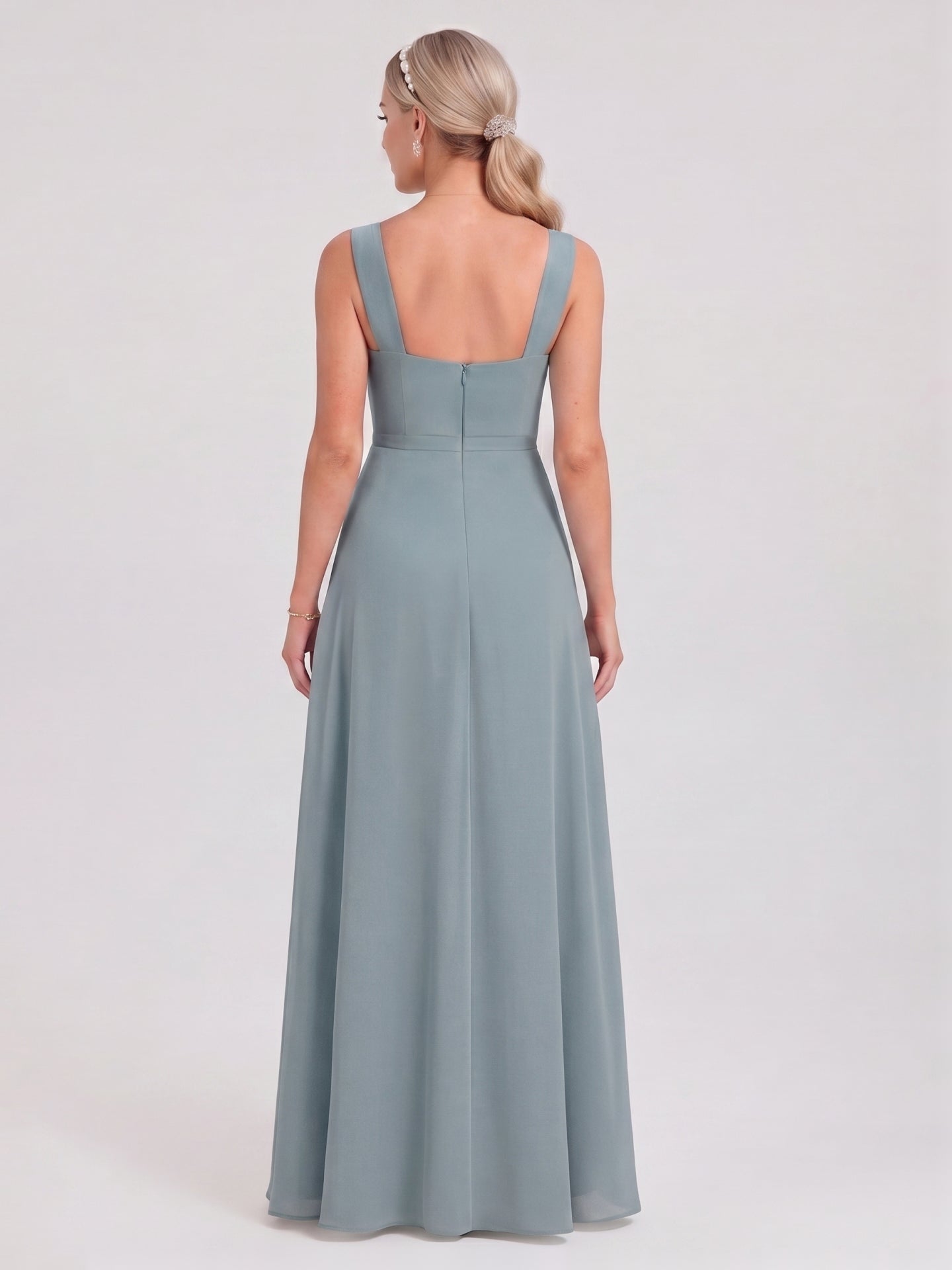 Coquette Dusty Blue Chiffon A-Line Cowl Neck Back Zip with Pleated Ankle-Length Bridesmaid Dress